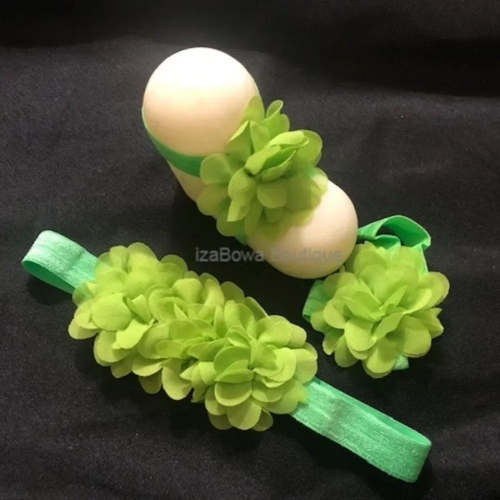 Green Mum Trio Flower Barefoot Sandal & Headband Set 3SETGRN   HANDMADE  Boutiqu